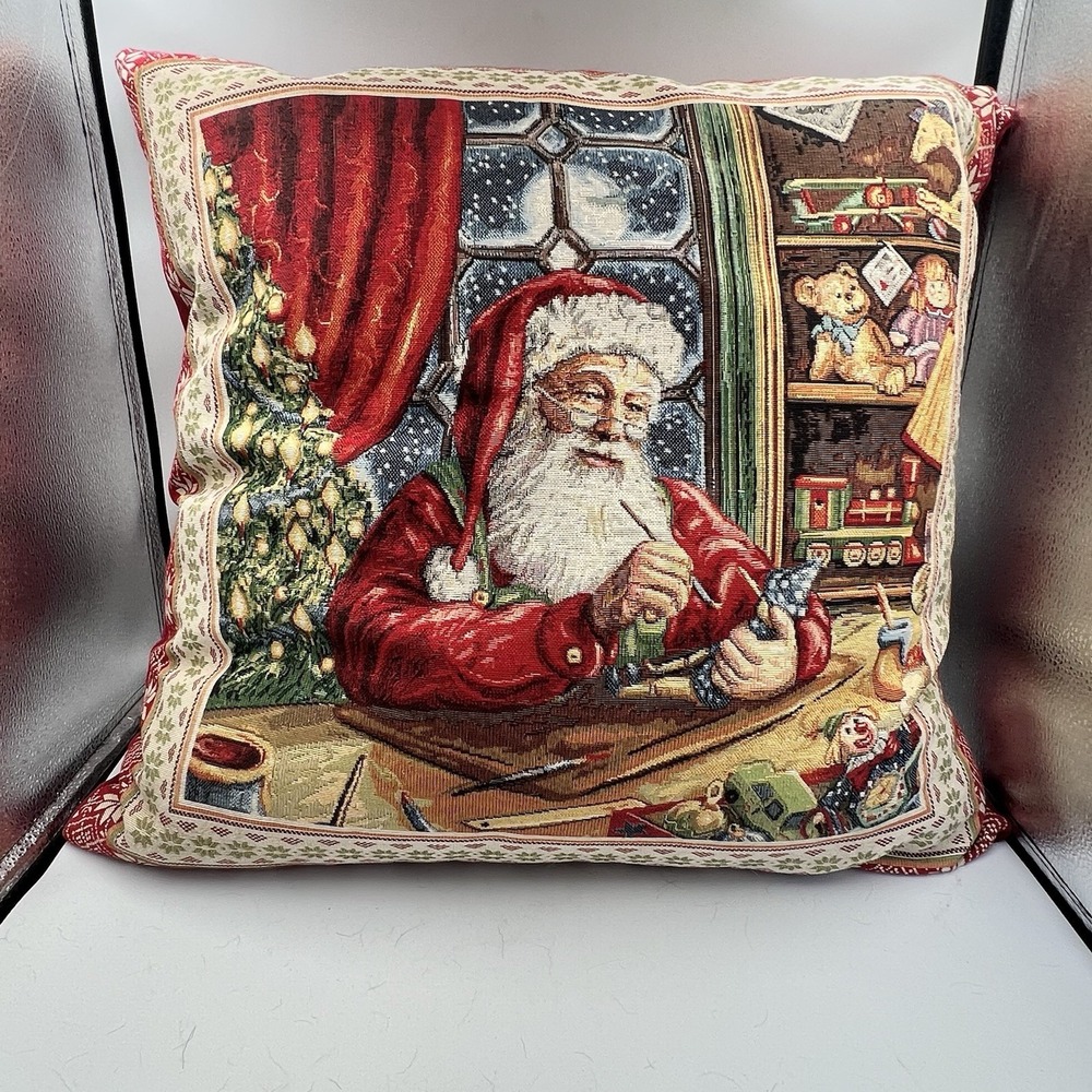 Vintage Santa's Workshop Tapestry Throw Feather Down Pillow 23 x 22 Christmas